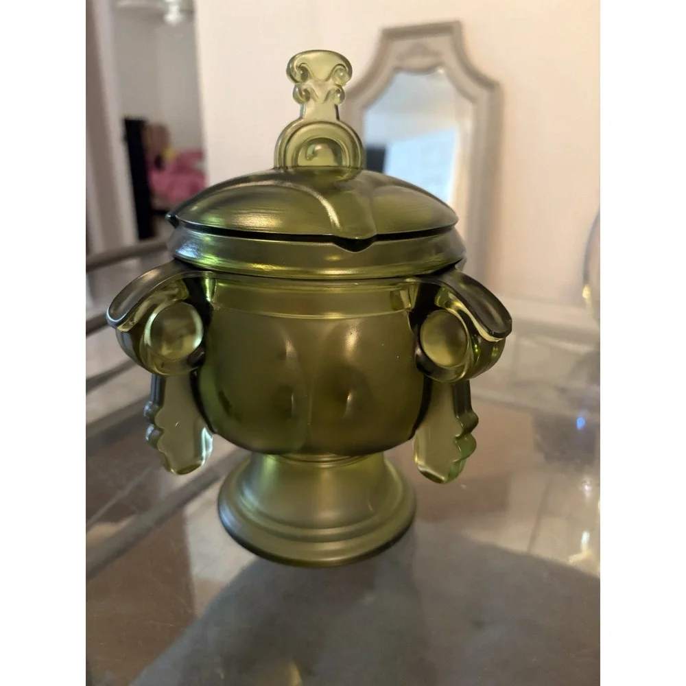 VTG Olive Green Satin Glass Covered Urn Biscuit Jar Pedestal 9.5